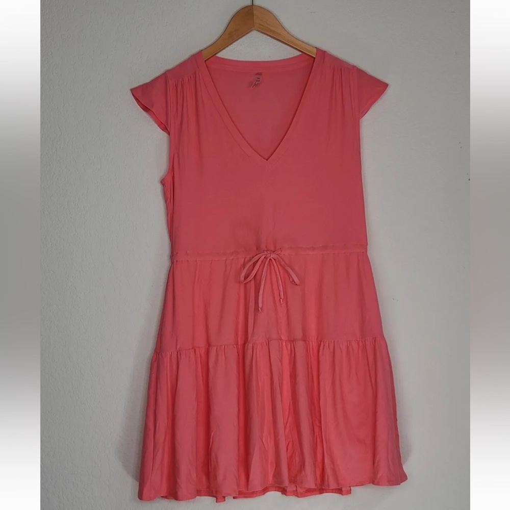 Beyond Yoga Sun Kissed Coral Featherweight Out & About Ruffle Dress S PETITE